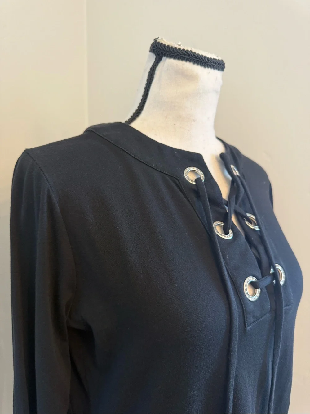 Michael Kors Black Lace Up Tunic Top Rhinestone Grommet Bell Sleeve S